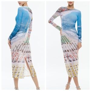 Alice + Olivia DELORA Midi Dress Beach Umbrella Ocean Whispering Waves - Size 2